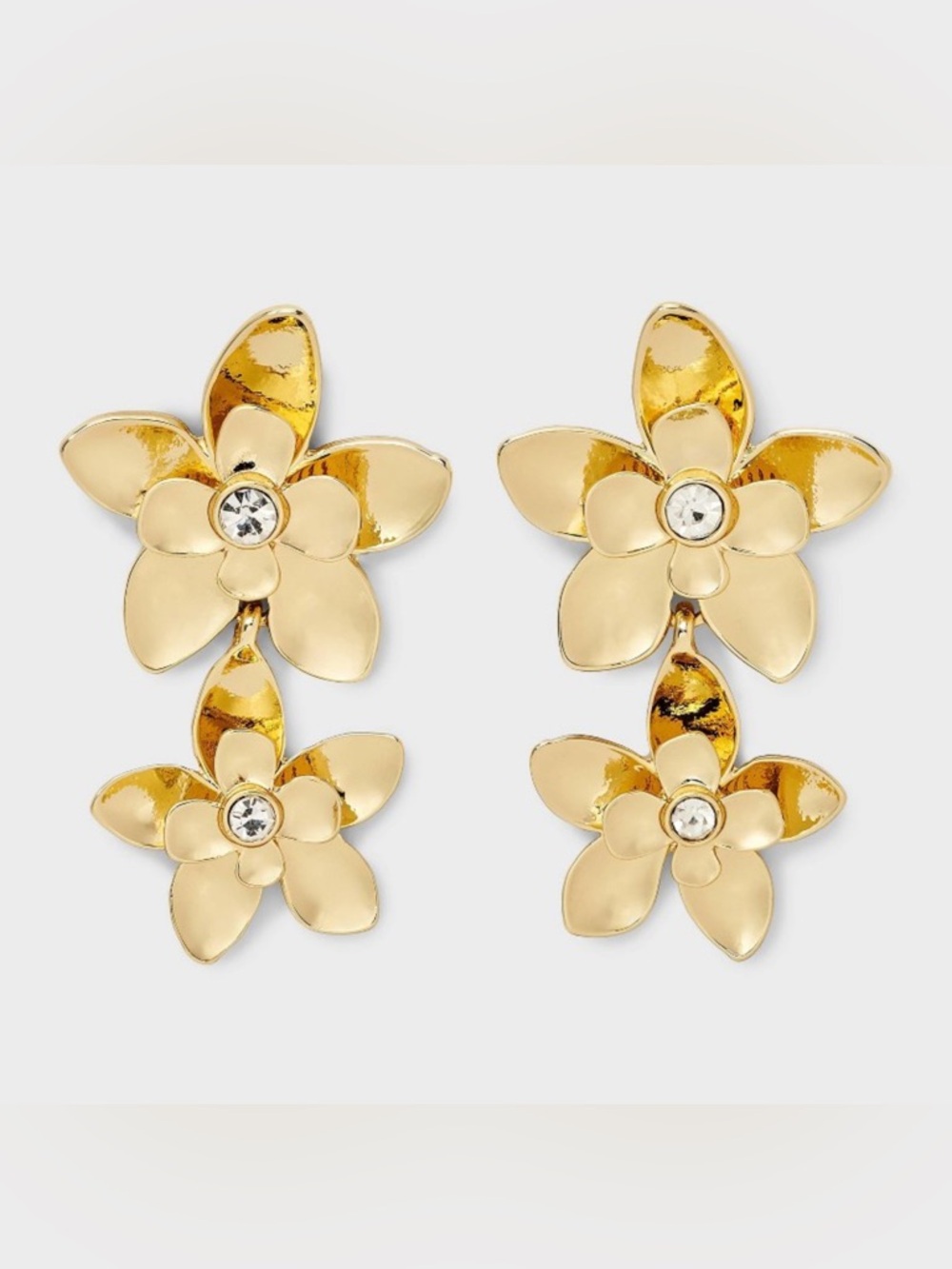 Gold-toned Double Flower Dangle Drop Statement Earrings